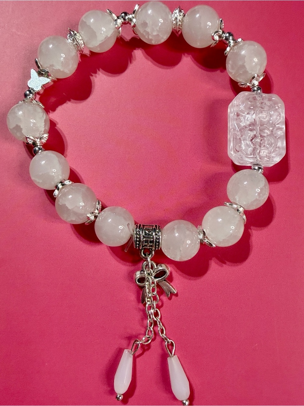 Rose Quartz Beaded Charm Bracelet - Pink Gemstone Bracelet with Silver Accents